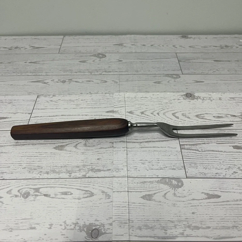 Vintage Stainless Steel Meat Carving Fork Wood Handle Made in USA MCM Kitchen